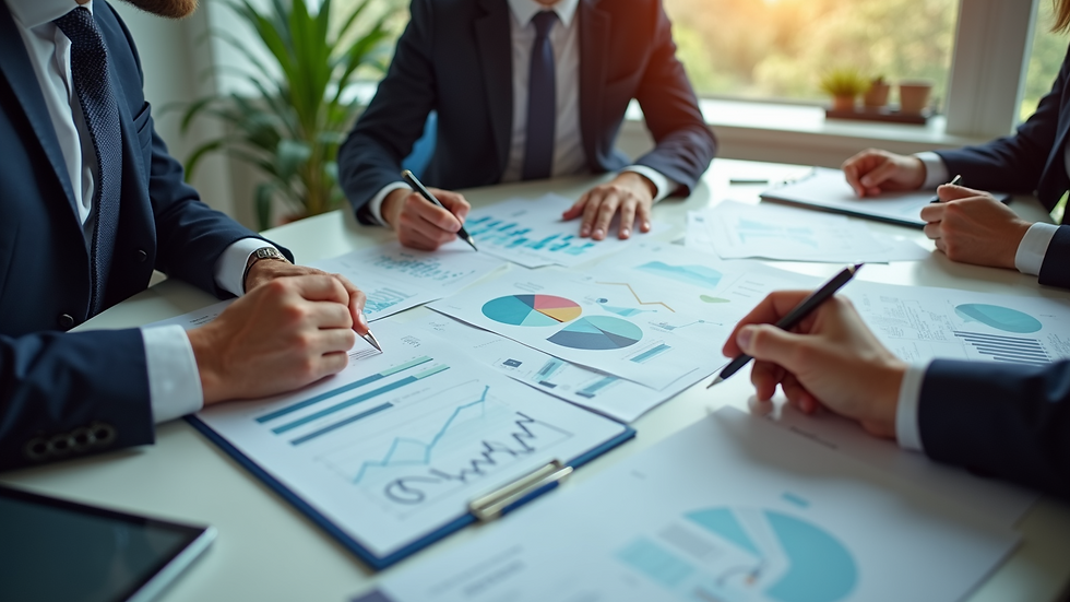 High angle view of a business strategy meeting with charts and graphs