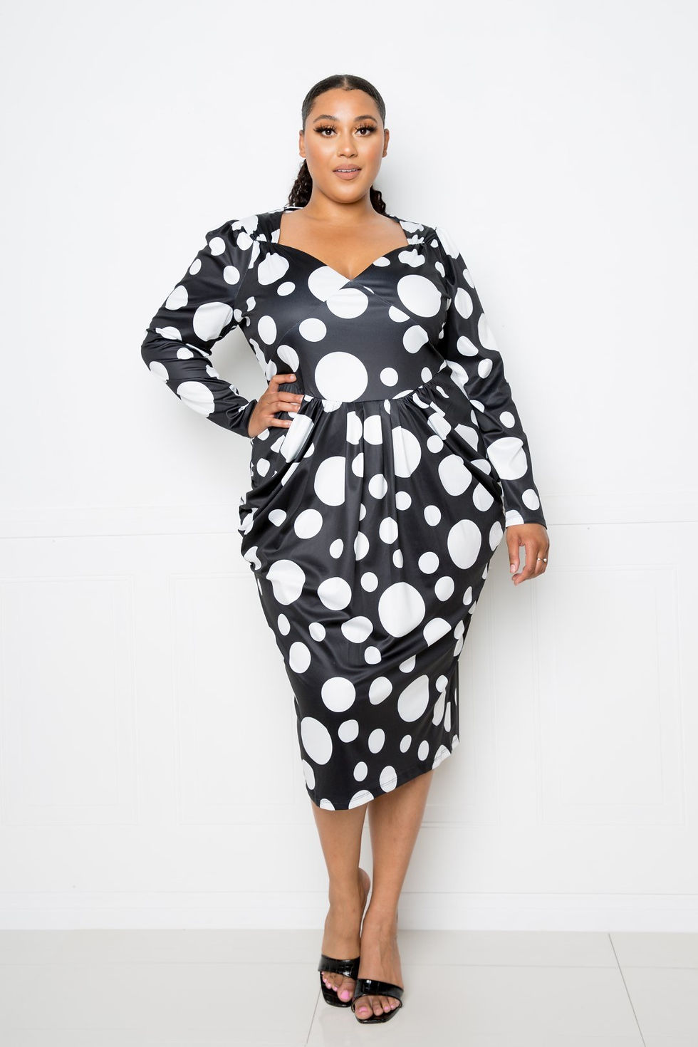 Thumbnail: Polka Dot Drop Waist Ruched Midi Dress
