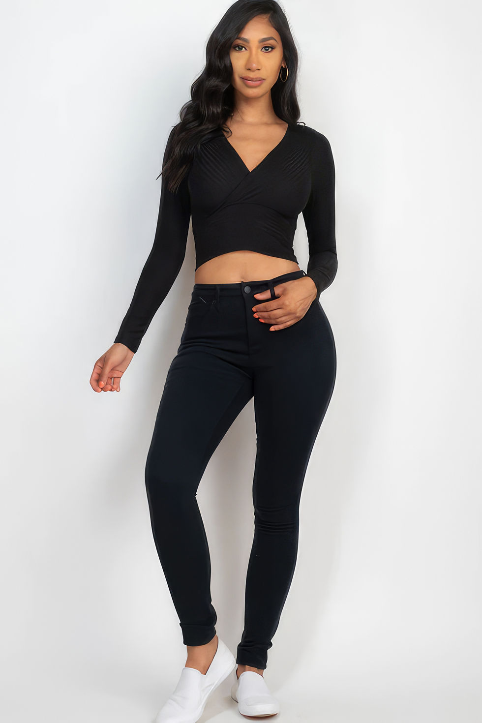 Thumbnail: Ribbed Wrap Front Long Sleeve Top