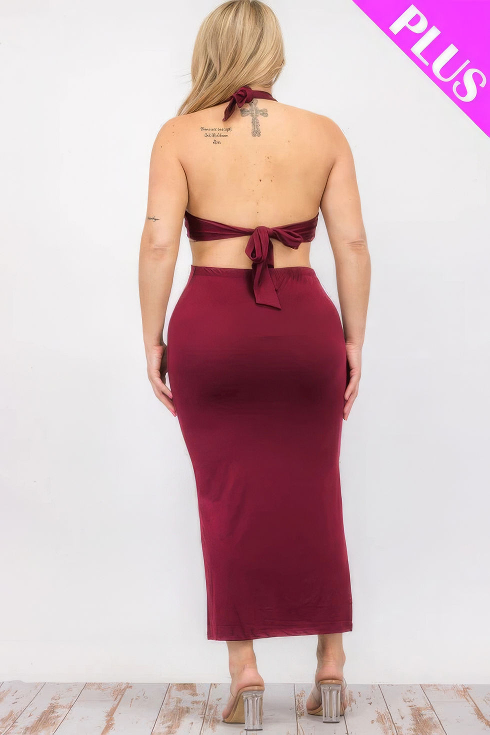 Thumbnail: Plus Size Cut-out Halter Neck Double Back Tie Split Thigh Midi Dress
