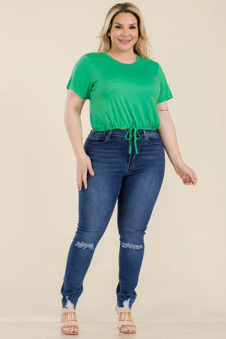 Thumbnail: Plus Size Tie Front Drawstring Short Sleeve Crop Top