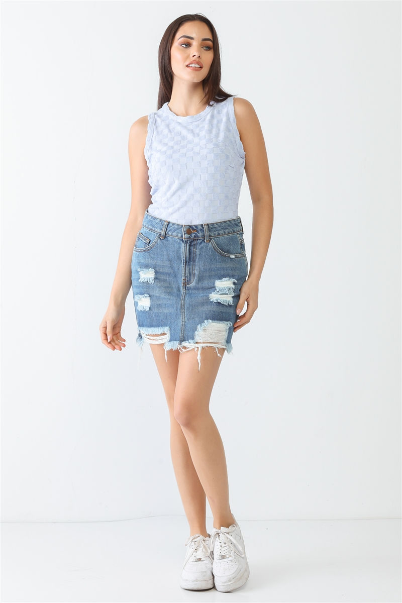 Thumbnail: Baby Blue Chess Cage Print Cotton Blend Sleeveless Bodysuit