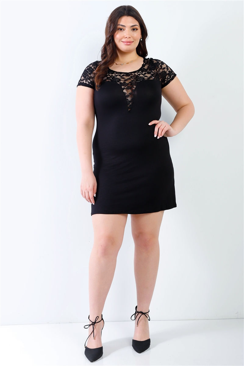 Thumbnail: Plus Lace Details Short Sleeve Mini Dress