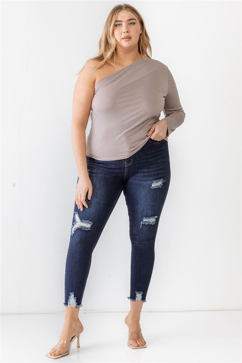 Thumbnail: Plus Mocha Textured One Shoulder Top 