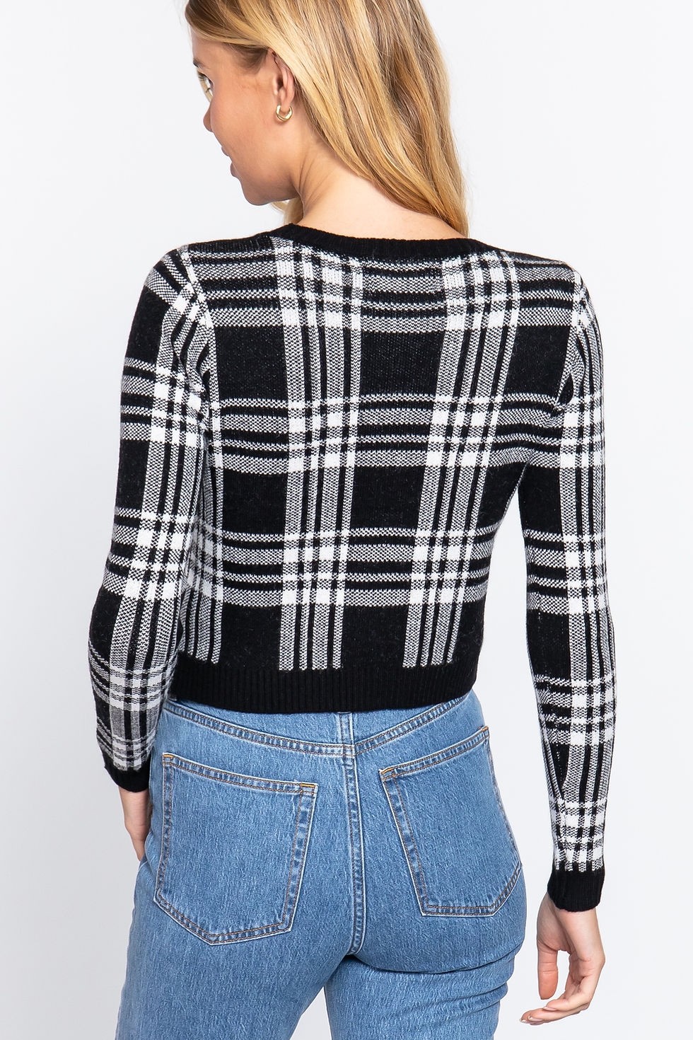 Thumbnail: Long Sleeve V-neck Fitted Button Down Plaid Sweater Cardigan