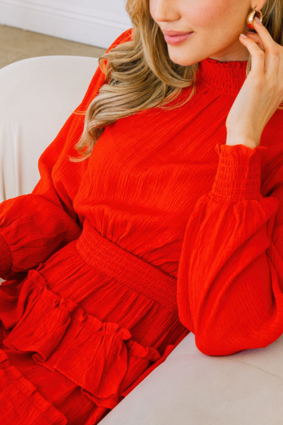 Thumbnail: Long Sleeve Smocked Neck Tiered Ruffle Mini Dress         