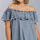 Thumbnail: Off Shoulder Ruffled Denim Dress With Frayed Hem & Pockets