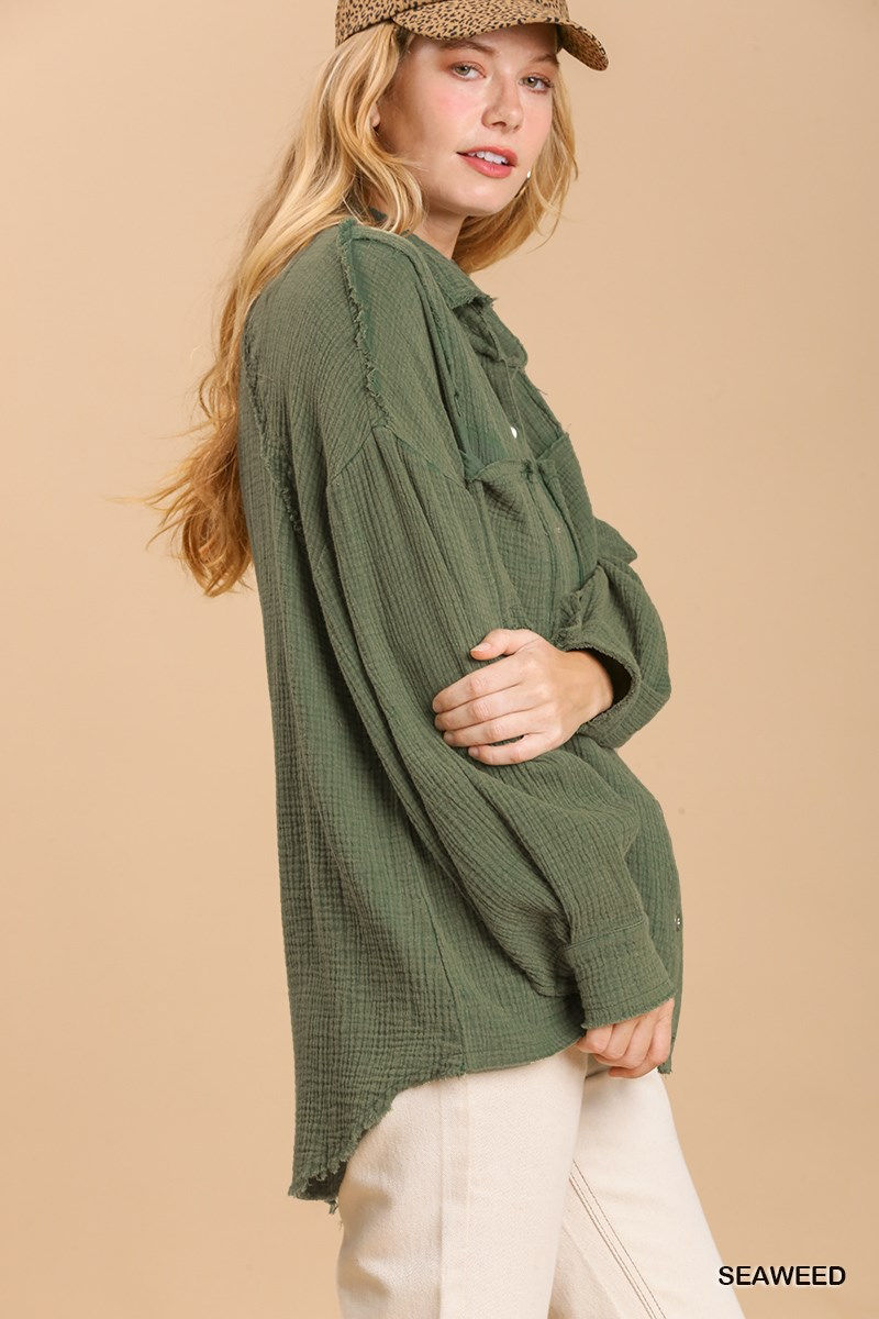 Thumbnail: Mineral wash button down top with high low hem