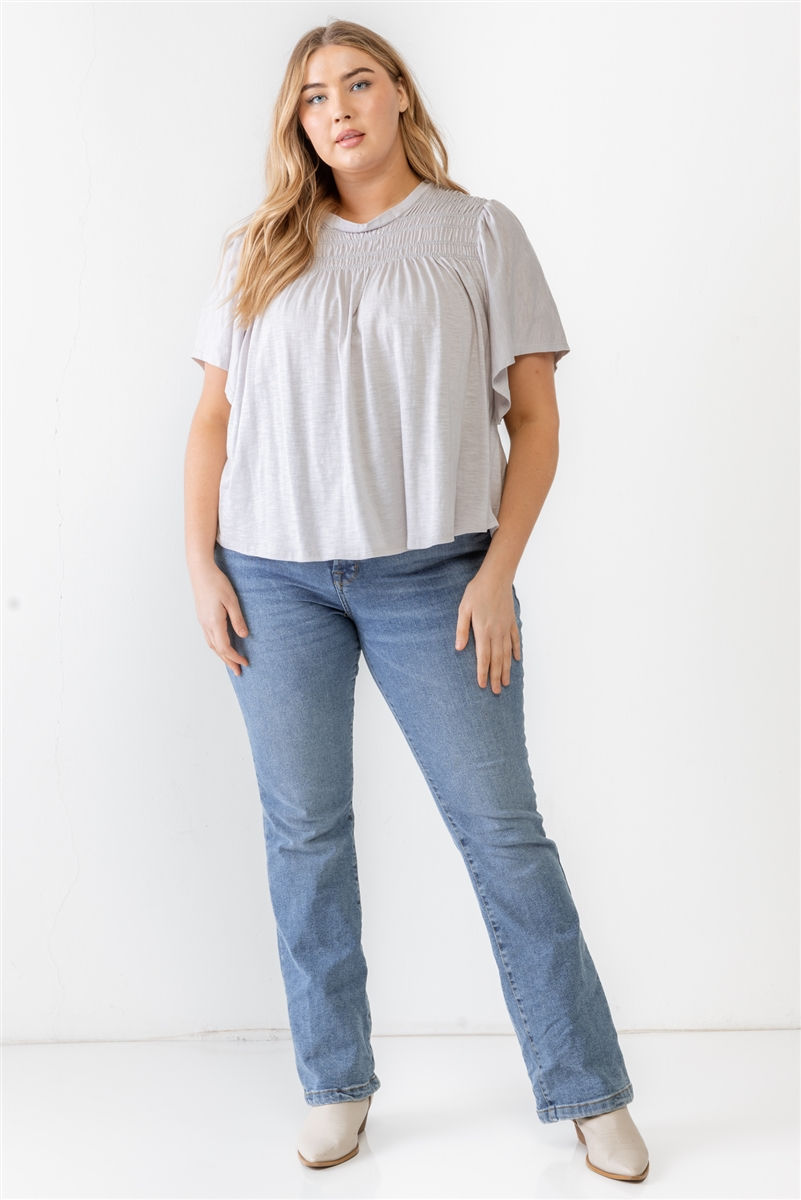 Thumbnail: Plus Grey Cotton Blend Smoked Short Sleeve Top