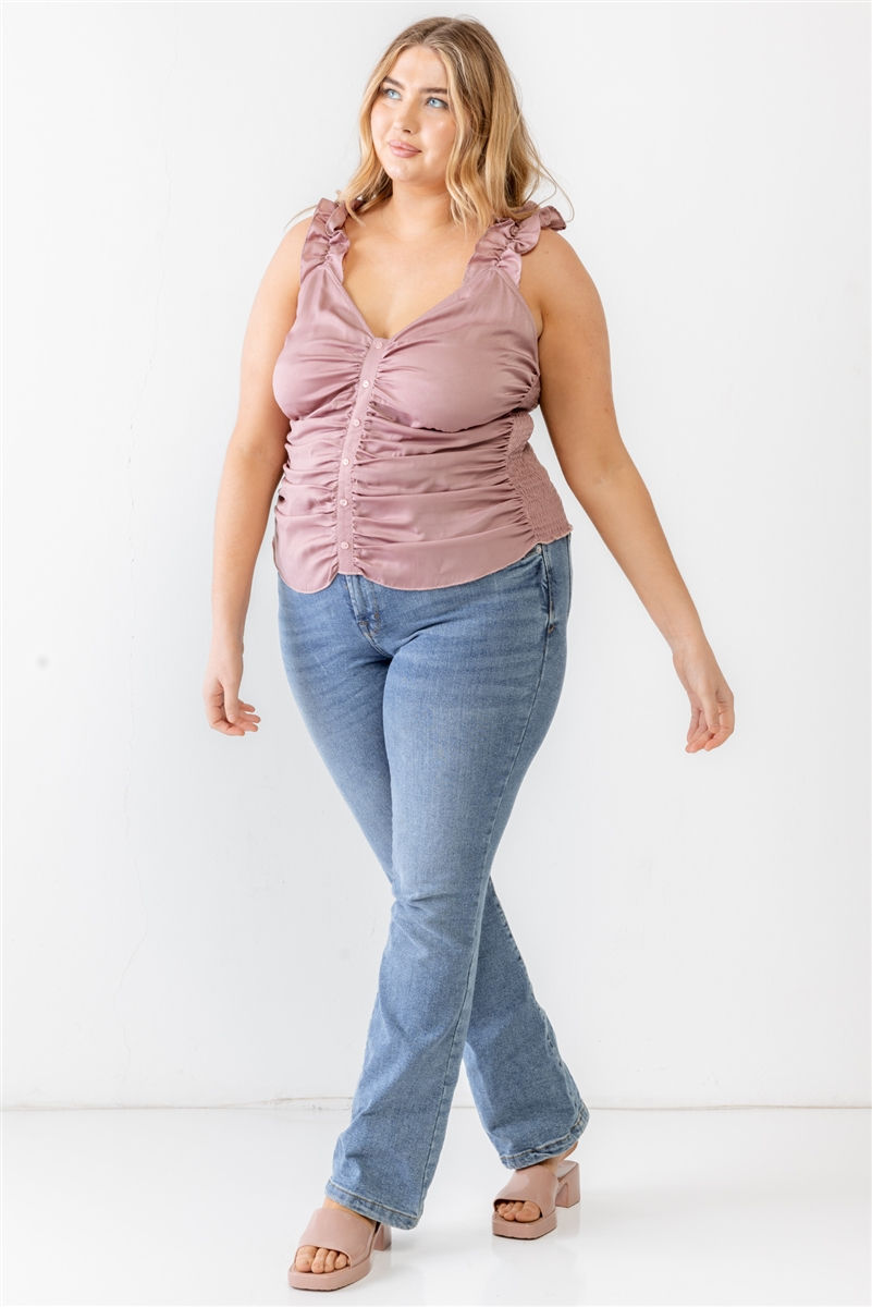 Thumbnail: Plus Ruched Button-up Ruffle Strap Smocked Back Tank Top