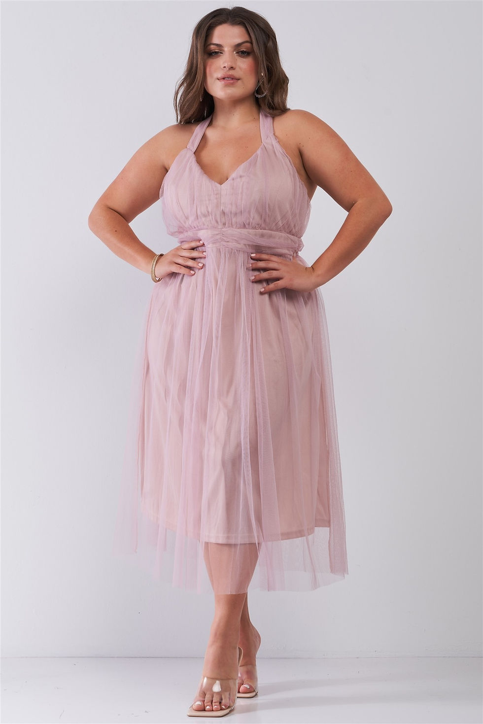 Thumbnail: Plus Halter Neck Sleeveless Mesh High-waisted Midi Dress