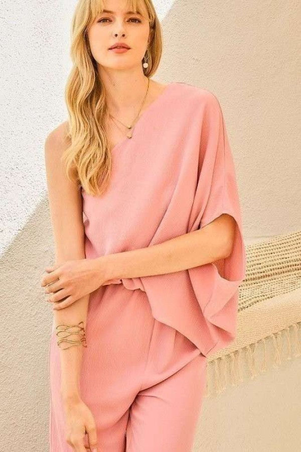 Thumbnail: One Shoulder 3/4 Sleeve Unbalanced Waist Elastic Solid Pants Jumpsuit  