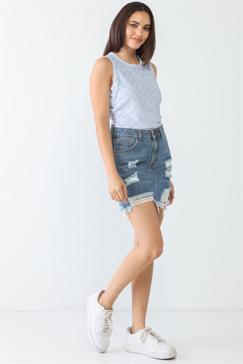 Thumbnail: Baby Blue Chess Cage Print Cotton Blend Sleeveless Bodysuit