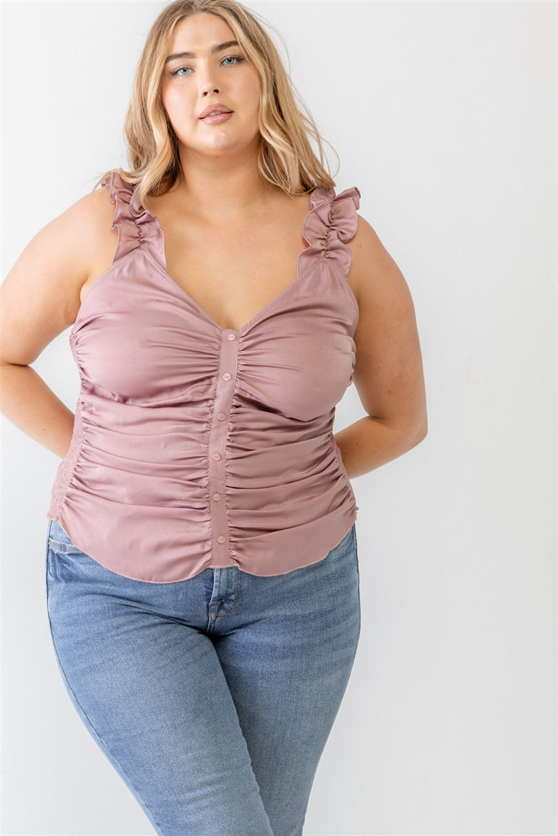 Thumbnail: Plus Ruched Button-up Ruffle Strap Smocked Back Tank Top