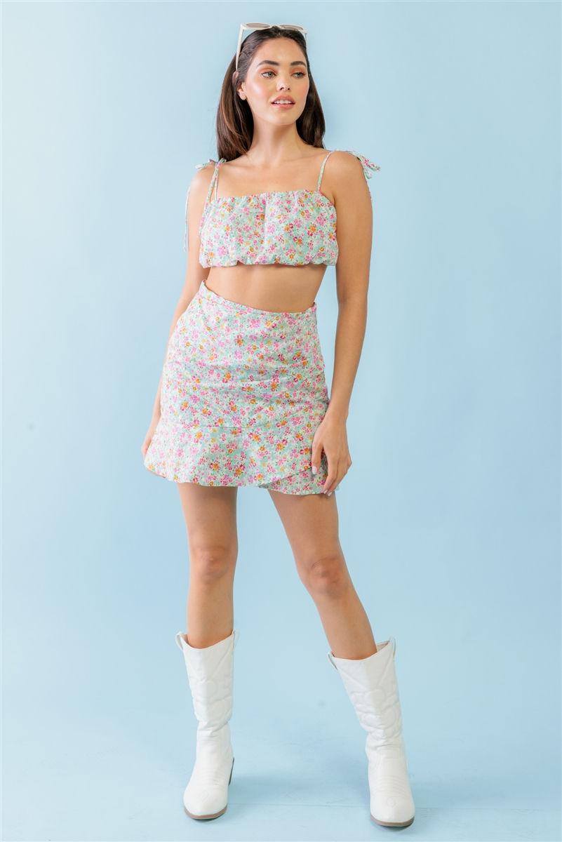 Thumbnail: Mint Fuchsia Print Cotton Sleeveless Strappy Crop Top & High Waist Wrap Hem ...
