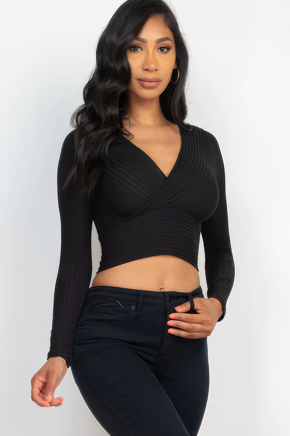 Thumbnail: Ribbed Wrap Front Long Sleeve Top