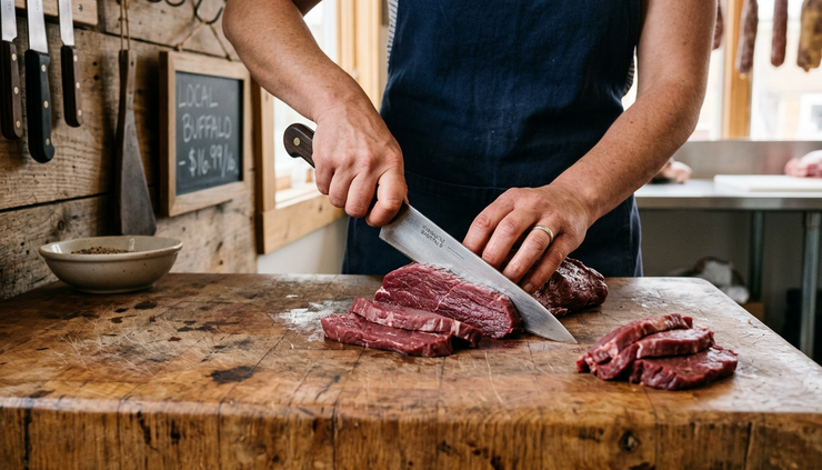 Vista a livello del tavolo di un macellaio che affetta carne di bufalo su un ceppo.