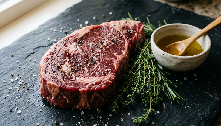Primo piano di una bistecca di bufalo cruda con erbe aromatiche.