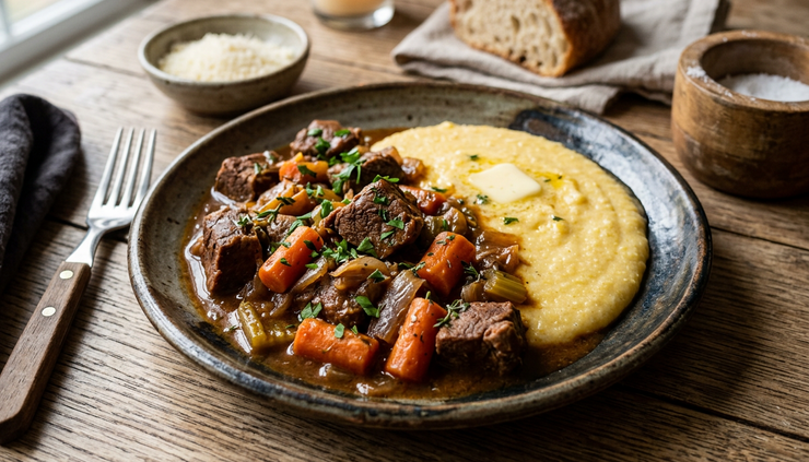Primo piano di uno spezzatino di bufalo servito con polenta morbida.