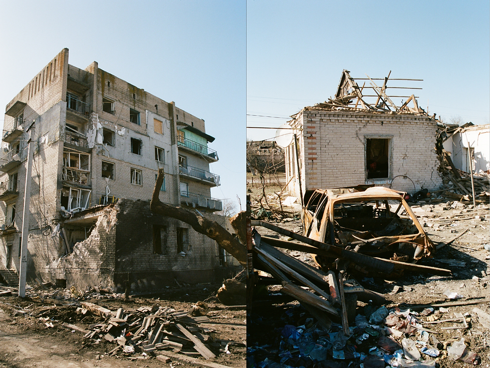 COMBO: Novomykolaivka, Zaporizhzhia region – a war-damaged residential building (left, March 12, 2026) and a destroyed house with a burned-out car in the yard (right, March 13, 2026).
