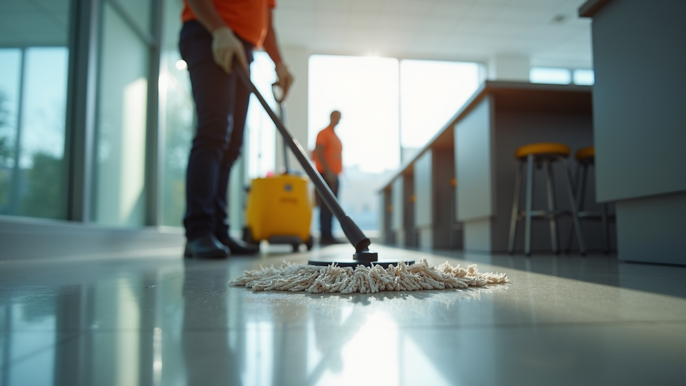 Close-up view of janitorial staff cleaning office floor with professional equipment