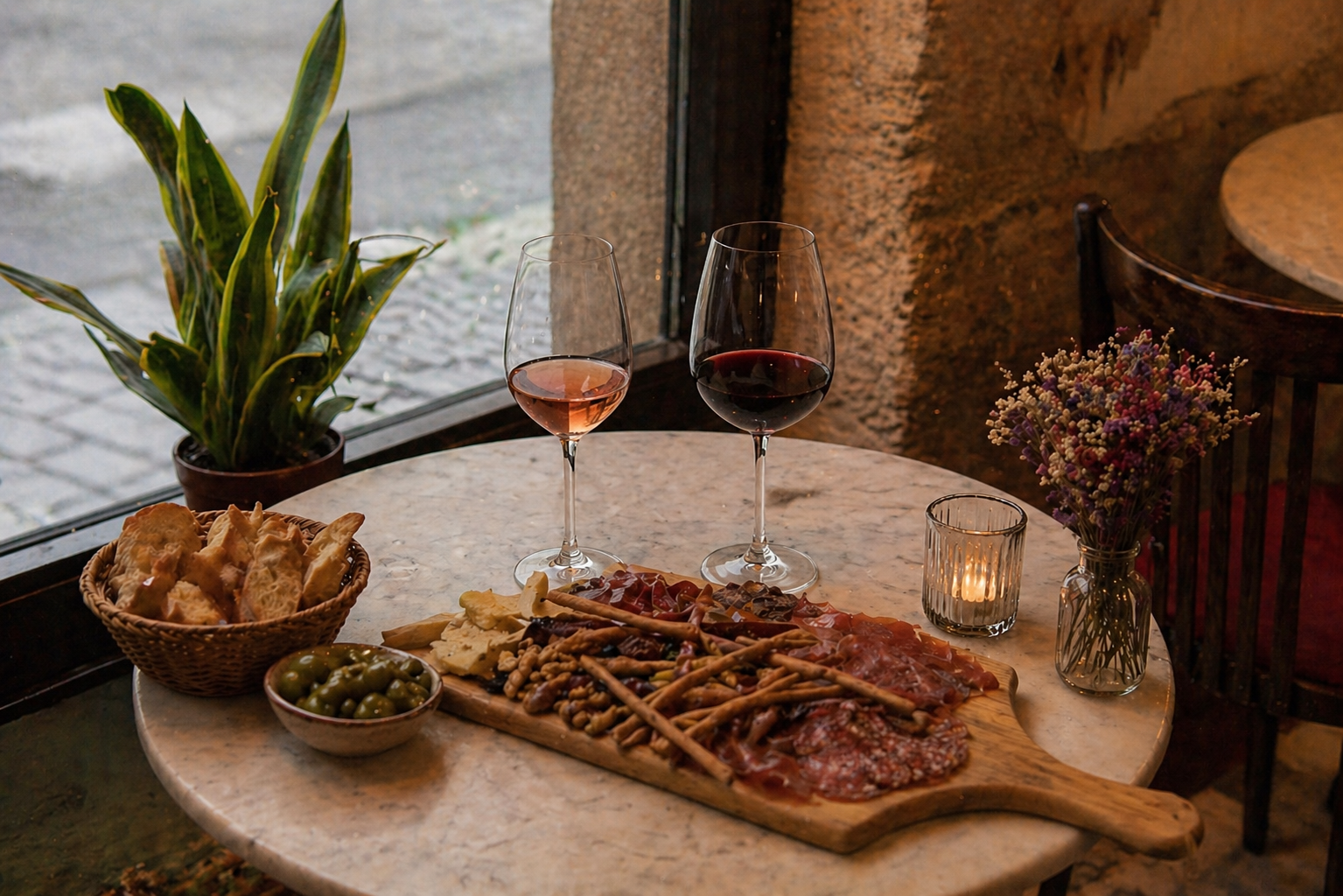 Dos copas de vino con tabla de embutidos, pan y aceitunas en Muñeca Brava Madrid