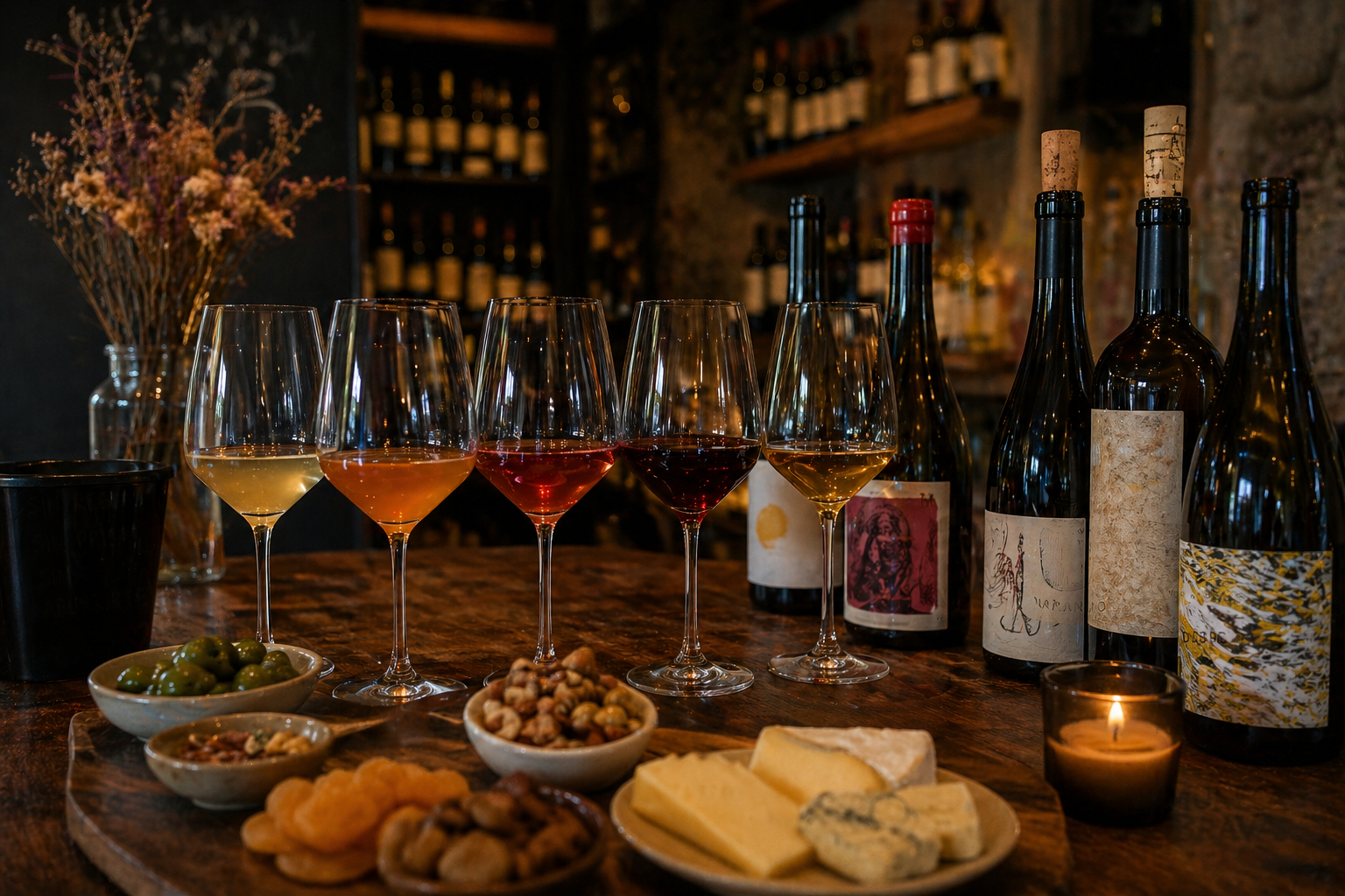 Copas de vinos naturales, naranjas y tintos en una cata en Muñeca Brava Madrid