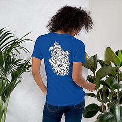 A Photo of Blue OM Farmers Proper Tee on a woman with black curly hair