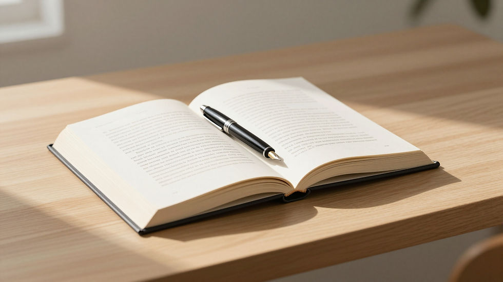Close-up view of a notebook with a pen and a cup of coffee