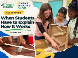 AVI students participate in hands-on STEM learning through a Rube Goldberg engineering challenge involving ramps, levers, and simple machines.