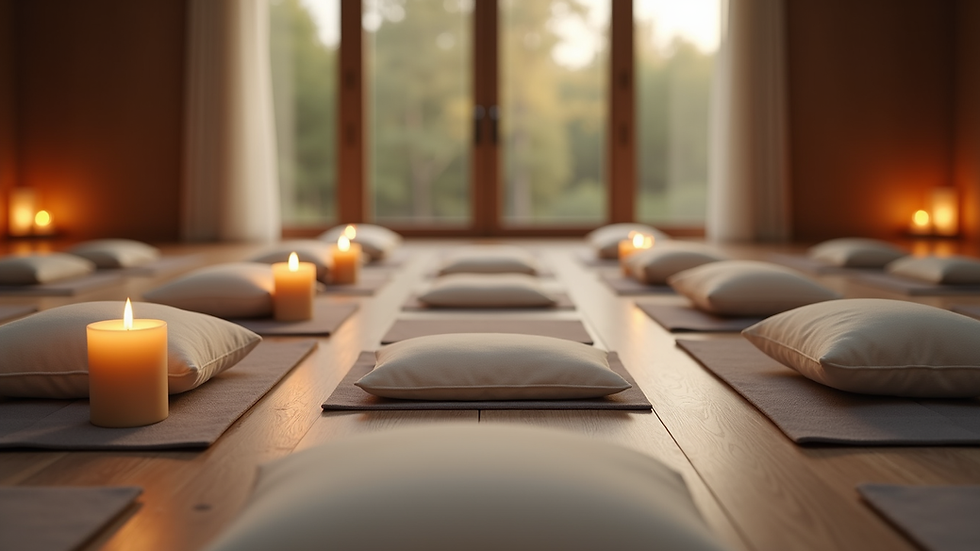 Eye-level view of a serene meditation space with cushions and candles