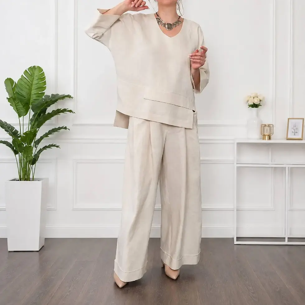 Thumbnail: Women's V-Neck Top and Wide-Leg Pants Set