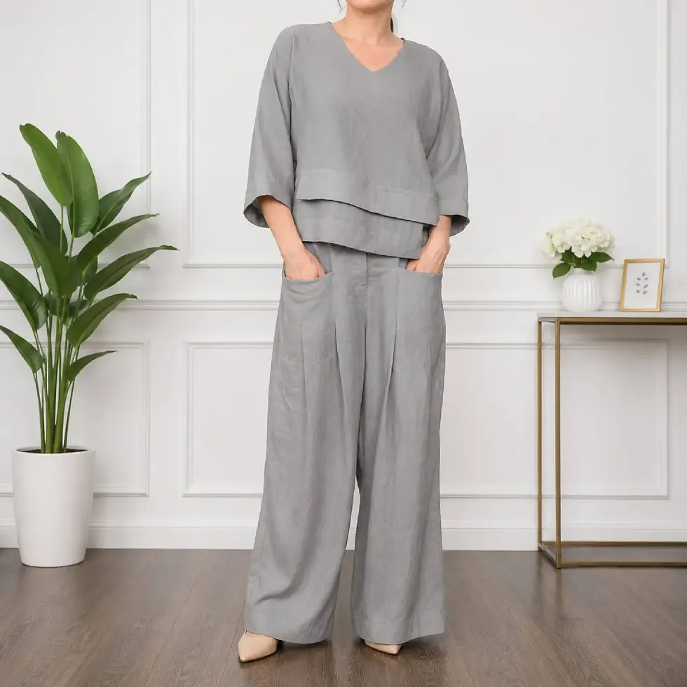 Thumbnail: Women's V-Neck Top and Wide-Leg Pants Set