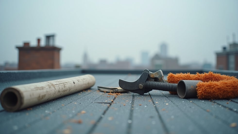 Close-up view of roofing materials and tools on a rooftop