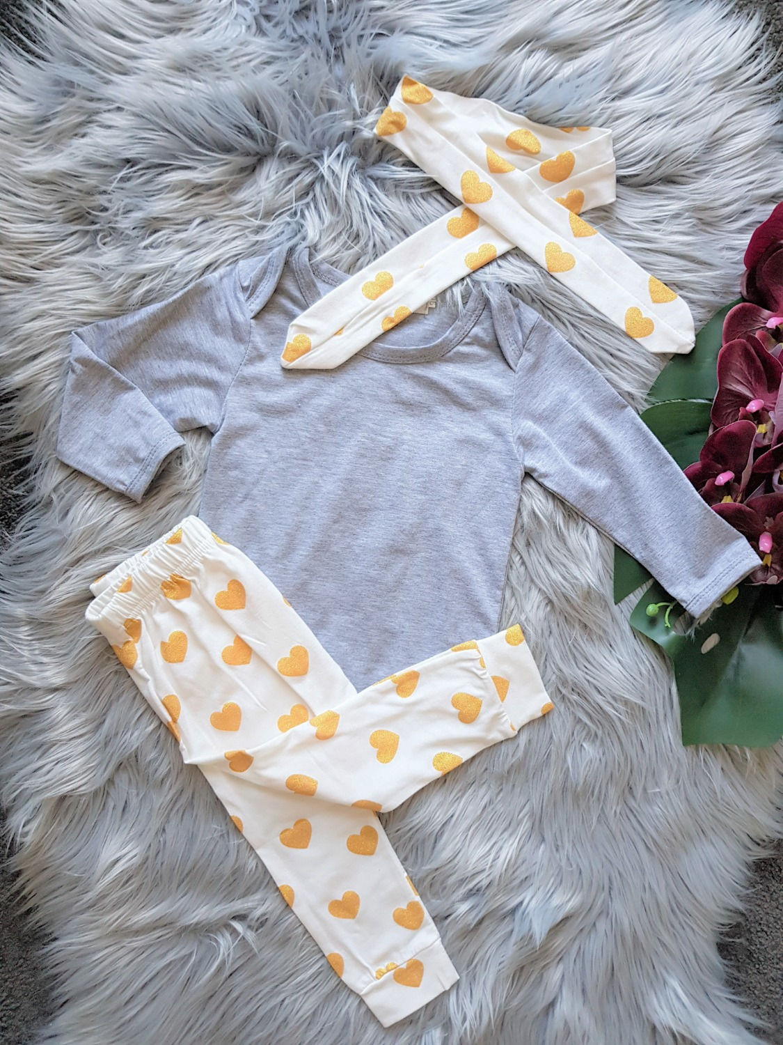 3 Piece Grey Romper With Gold Heart Leggings With Headband