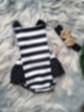 Black & White Stripe Lace Romper With Black & Gold Headband