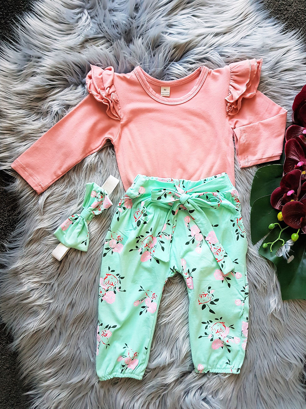 3 Piece Peach & Mint Romper With Headband