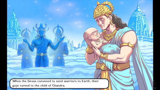 Chandra holding his infant child while the Devas stand behind him in the prologue motion comic.