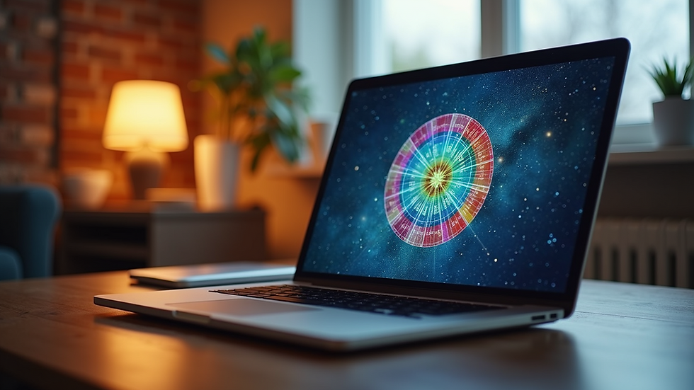 Eye-level view of a laptop screen displaying a colourful birth chart