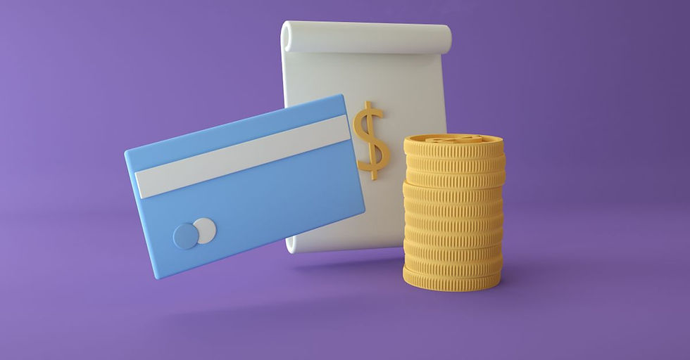 3D illustration of a credit card, coins, and dollar sign on a purple background. Ideal for finance themes.