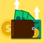 Illustration of wallet with money banknotes coins and bank card in wallet with arrows up showing income growth on yellow background