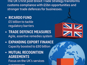 Infographic summarizing the UK’s new Trade Strategy with highlights like the £5bn Ricardo Fund, stronger trade defences, and export finance expansion.