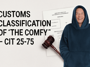 Smiling person in a blue hoodie with a gavel, documents, and text: "Customs Classification of 'The Comfy' – CIT 25-75" on a light background.