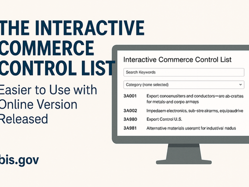 Interactive Commerce Control List online platform showing easy keyword search and ECCN entries, with bis.gov branding.