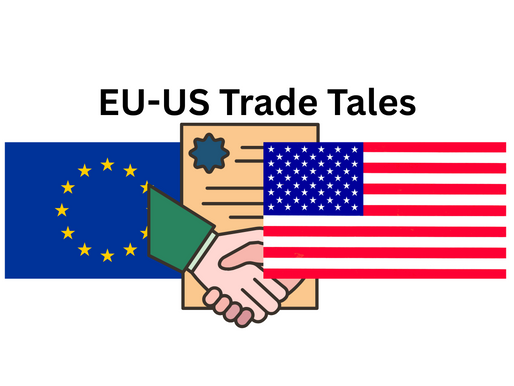 EU and US flags connected by a handshake with a document and gear icon, illustrating the "EU-US Trade Tales" blog post about conflicting narratives in the recent trade agreement between the European Union and United States.