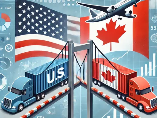 Blue and red trucks labeled U.S. and Canada cross a bridge. U.S.-Canada trade text above with flags and airplane. Charts in background.
