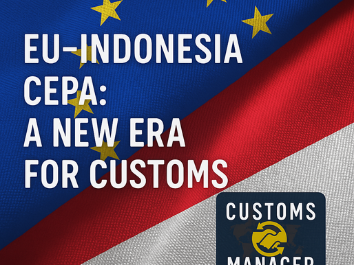 A digital graphic showing the EU and Indonesia flags diagonally split in the background. Overlaid is bold white text reading "EU–INDONESIA CEPA: A NEW ERA FOR CUSTOMS." The Customs Manager logo appears in the lower right corner.