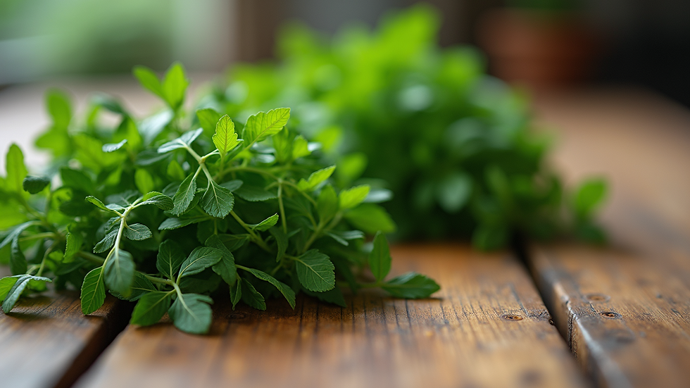 Close-up view of fresh herbs on a wooden table