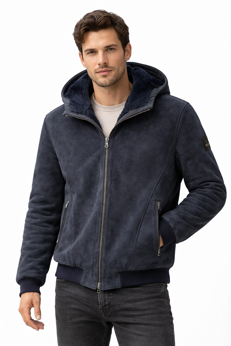 Miniatura: Giacca da uomo in pelle scamosciata blu con cappuccio foderato in pelliccia