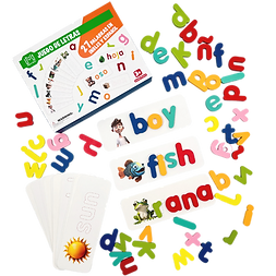 crea un juego de letras de madera pequeñas de color azul, amarillo, rosa, naranja, rojo, t